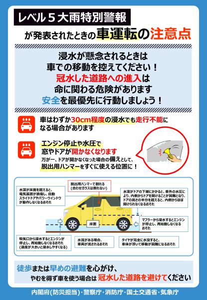 レベル5大雨警報が発表されたときの車運転の注意点